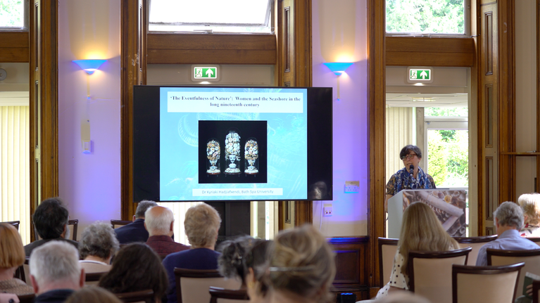 Kyriaki Hadjiafxendi presenting a paper at the A la Ronde Symposium